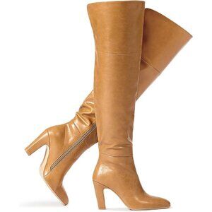 Women Camel Faux Leather Chunky Heel Side Zipper Thigh High Over the Knee Boot